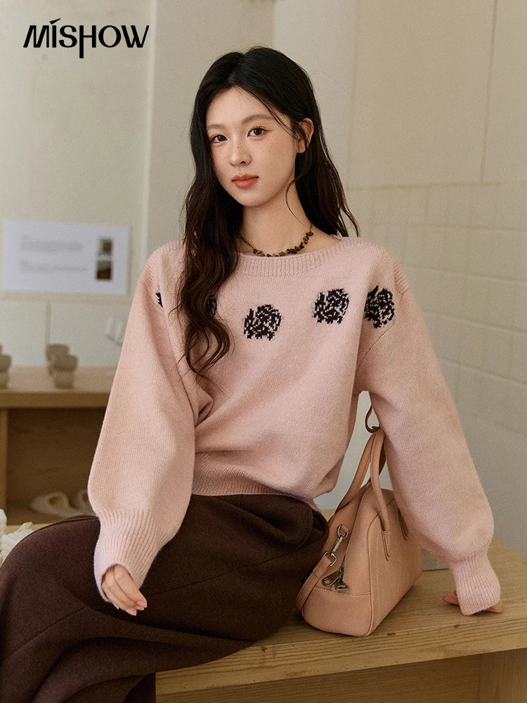 MISHOW Pink Jacquard Sweater for Women Fall Winter 2025 Lantern Sleeve Tops Shoulder Drop Thickened Knitted Sweater MXE91Z2775