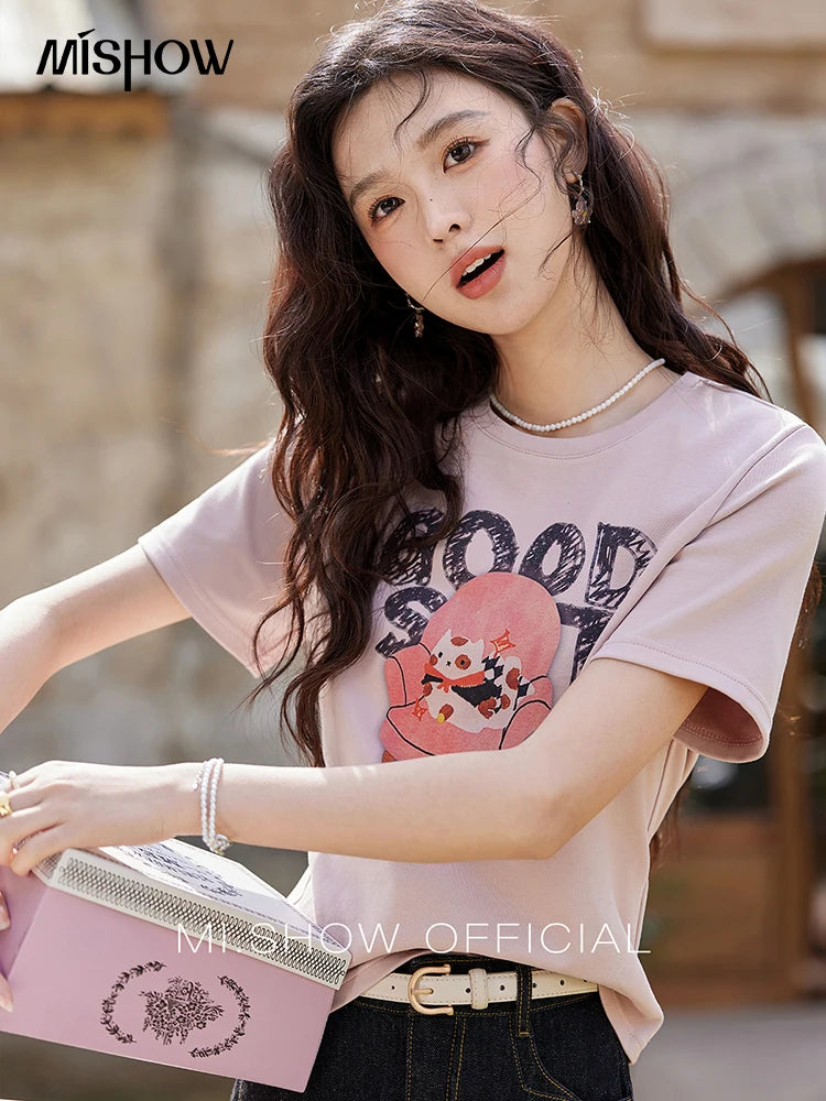 MISHOW Printed Cotton T-shirts for Women Spring 2025 Loose Slim Short Round Neck Tees Versatile Soft Casual Tops MXE13T0461