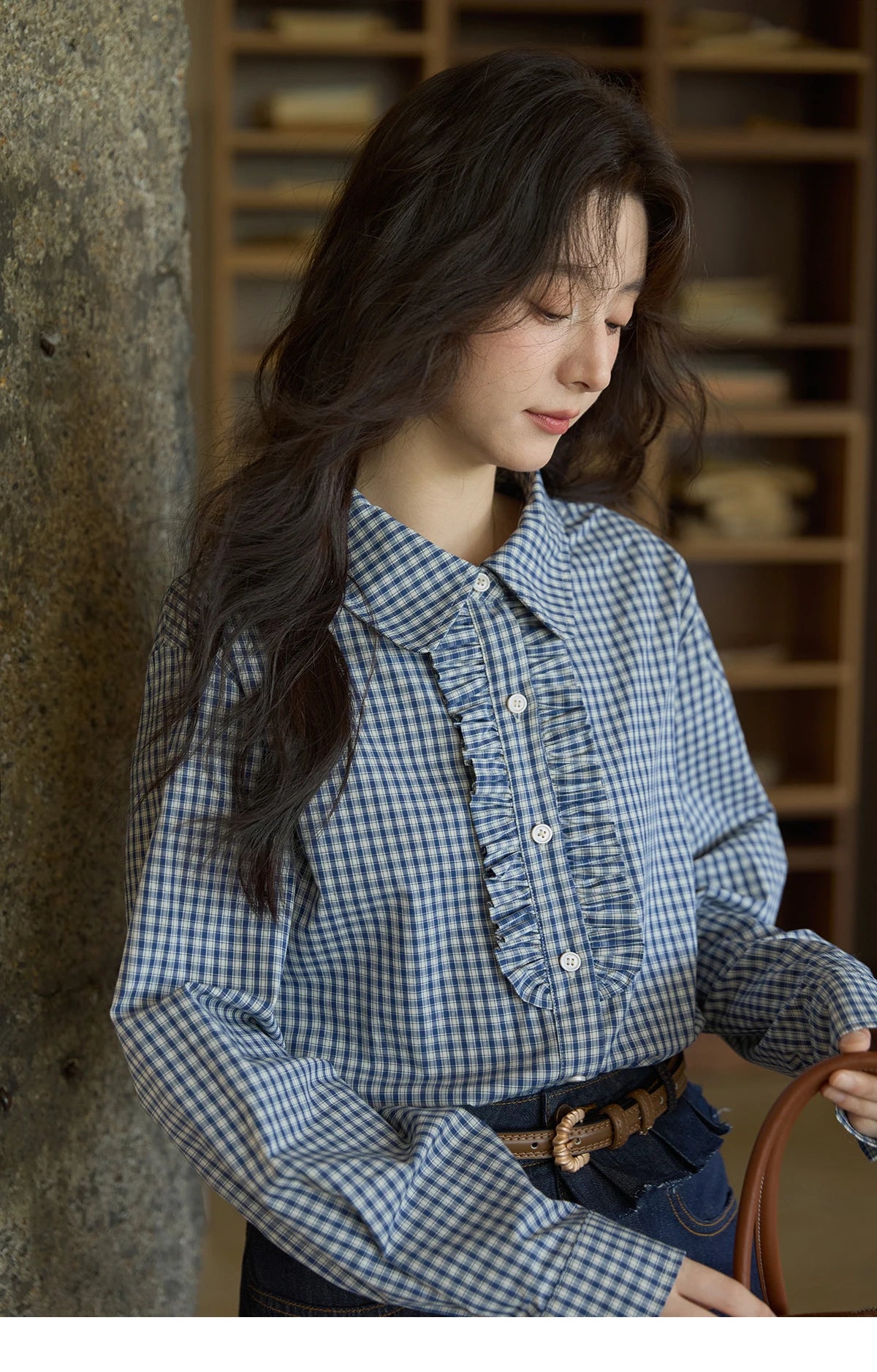 MISHOW Autumn Blue Plaid 100 Cotton Shirts 2025 Doll Collar Dropped Shoulder Sleeves Casual Top Retro Commuter Shirt MXE44C2391