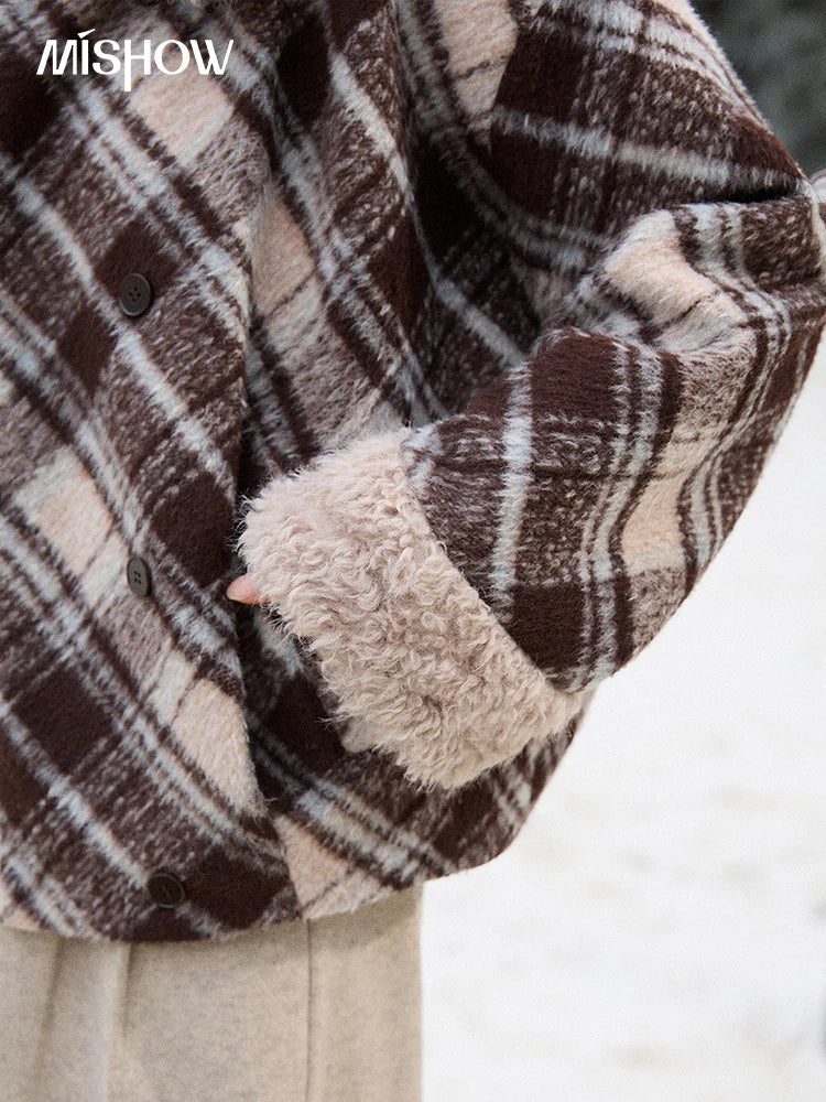 MISHOW Woman Jacket 2025 Autumn Winter Loose Retro Plaid Turn-down Collar Short Jacket Commute Warm Wool Blend Coat MXE89W0904