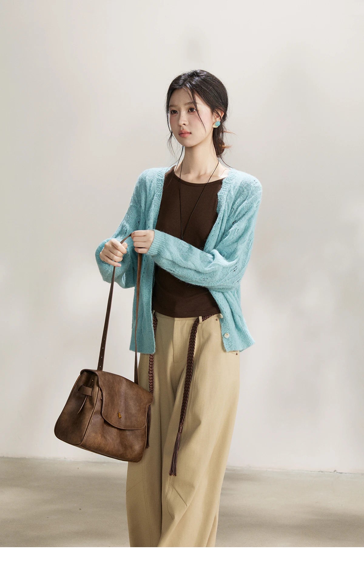 MISHOW Women's Blue Hollow Out Knit Cardigan 2026 Spring V Neck Wool Blend Tops Single Breasted Casual Thin Sweater MXF13Z2975