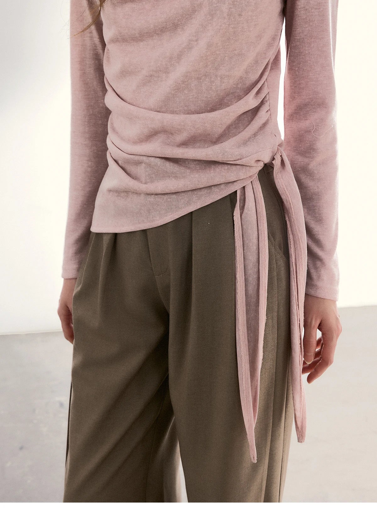 MISHOW Women's Splicing Lace Trim Draped Neck Long Sleeve Tops 2026 Spring Side Tie Ruched Irregular Casual Slim Tees MXF13Z2995