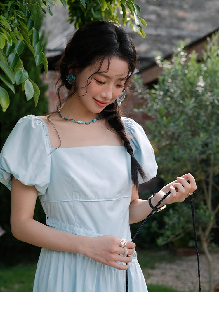 MISHOW Women's Square Neck Short Sleeve Dress 2025 Summer New Fashion Puff Sleeve Double Belt Dresses Ladies Clothing MXE34L2222