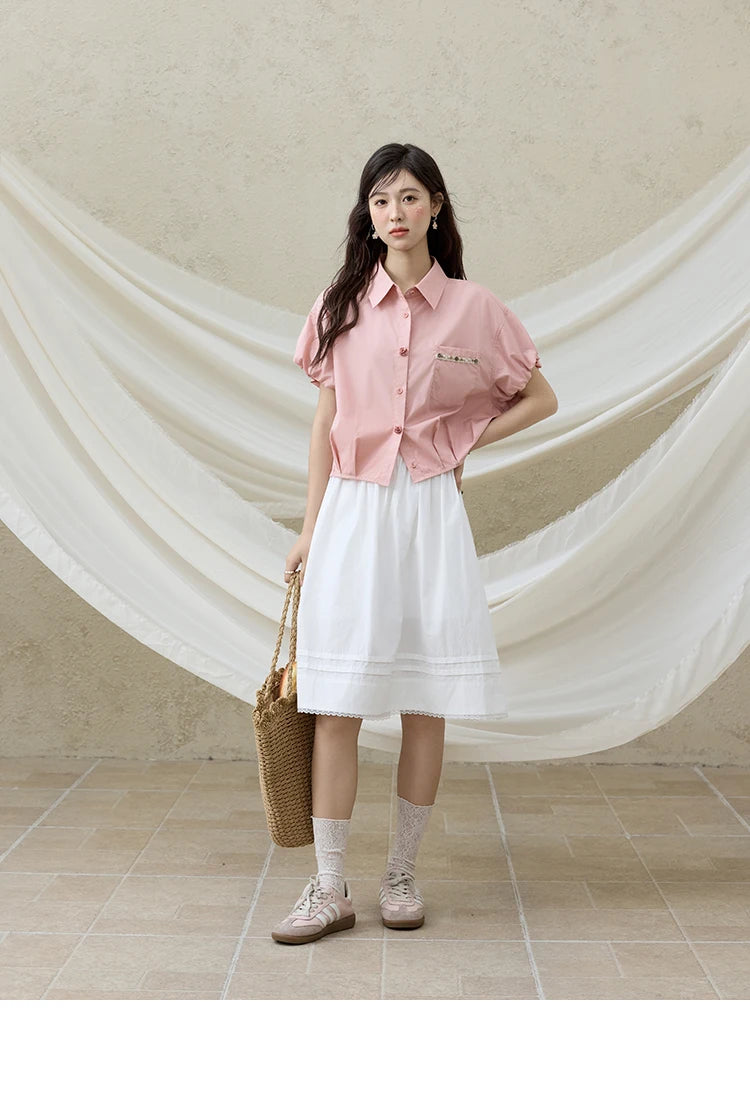 MISHOW Casual Summer Blouses Women 2025 New Short Puff Sleeve Turn Down Collar Shirt Female Fashion Shell Ribbon Tops MXE33C0773