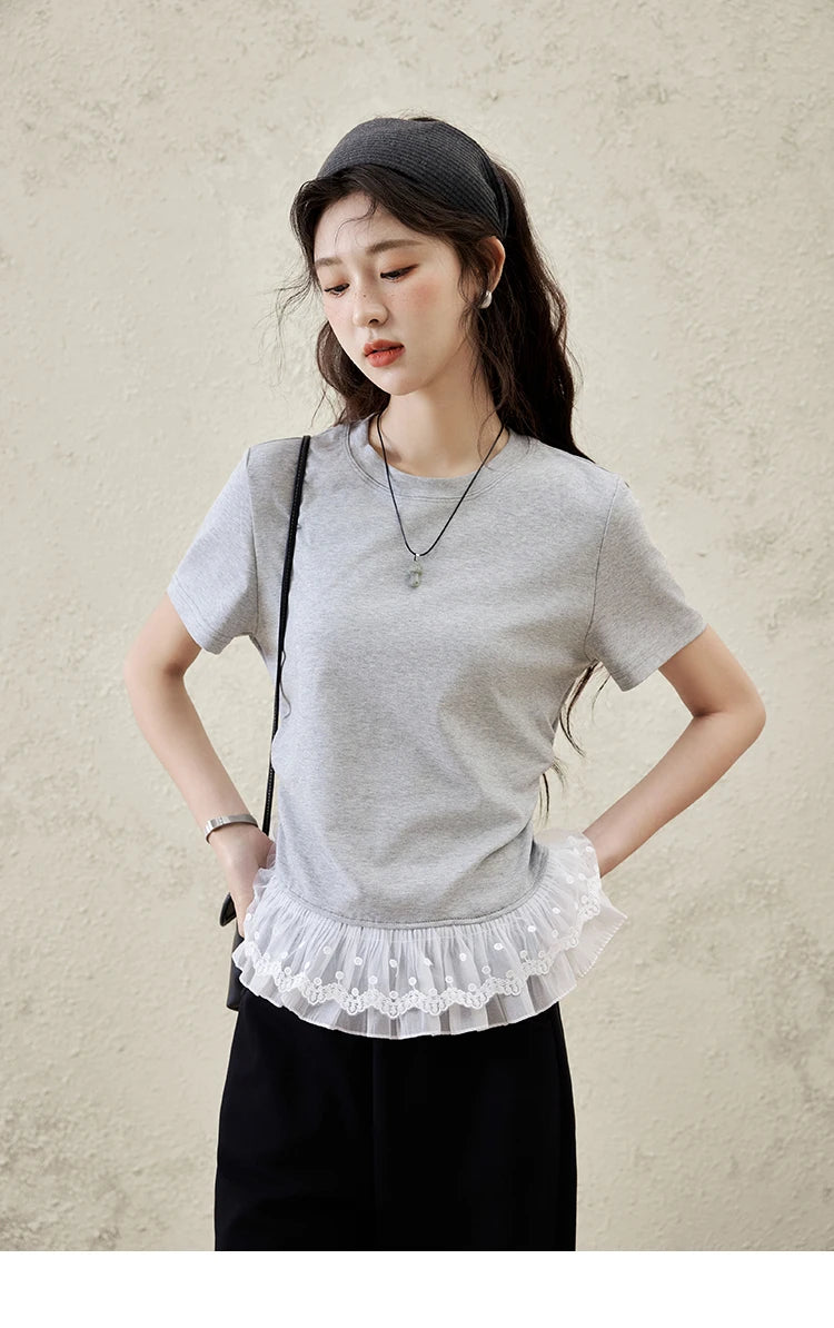 MISHOW Lace Hem Splicing T-shirt for Women Spring/summer 2025 Round Neck Versatile Top Streetwear Solid Casual Tees MXE31T0528
