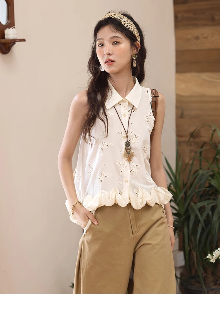 MISHOW 100 Cotton Butterfly Hollow Lace Lapel Shirt for Women Single Breasted Elegant Breathable Shirts with Tube Top MXE34X1808