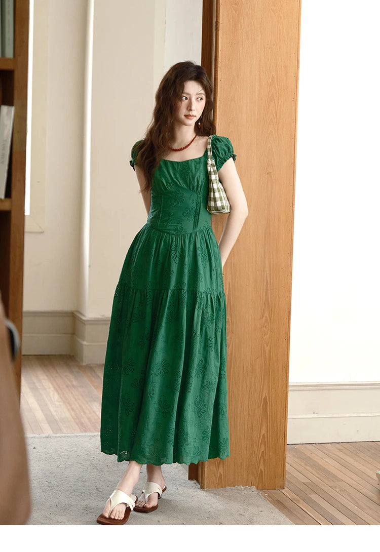 MISHOW Women's French Fashion Square Neck Dress 2025 Summer New Puff Sleeve Embroidery Midi Dresses Ladies Clothing MXE39L2325