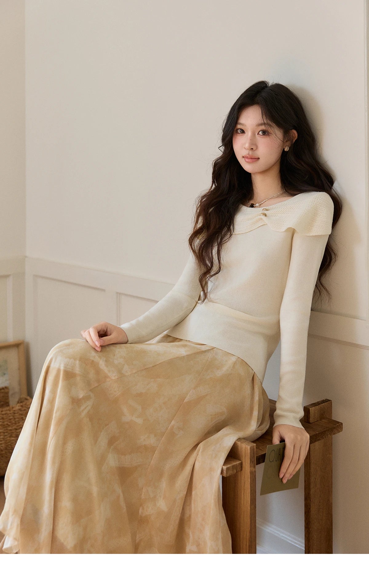 MISHOW Women's Beige Wool Blend Knit Sweater 2026 Spring Asymmetrical Collar Long Sleeve Top Slim Casual Thin Sweater MXF11Z2918