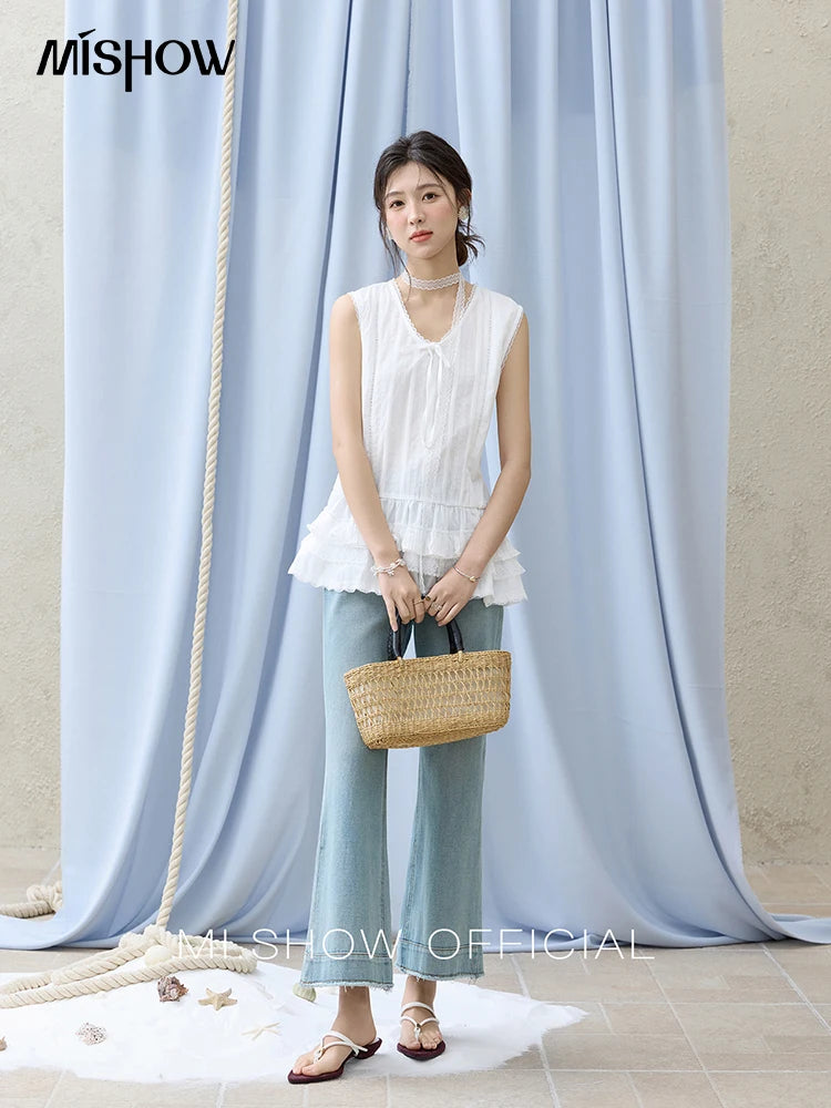 MISHOW Versatile Summer Vest Women 2025 New Solid V-neck Lace Cake Hem Sleeveless Vests Female Fashion Straight Tops MXE31X1779