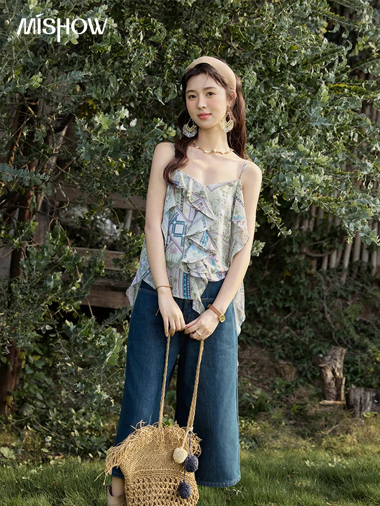 MISHOW Holiday Summer Camisole Tops Women 2025 Plaid Ruffled Layer Chiffon Floral Slimming Top Woman New Fashion MXE33X1803