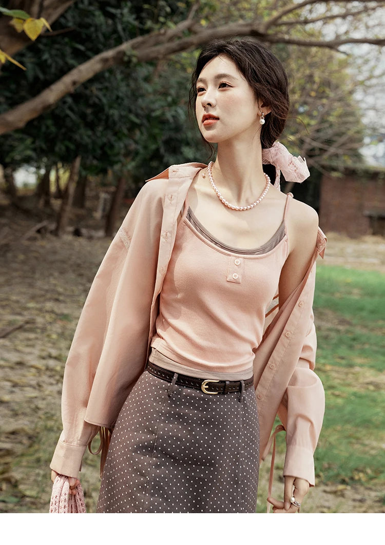 MISHOW Pink Long Sleeve Shirt for Women Spring 2025 Korean Splicing Lace Bow Tie Shirt Polo-neck Solid Versatile Tops MXE16C0767