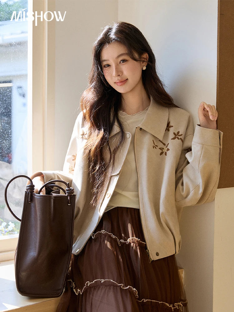MISHOW Women's Imitation Suede Jacket2026 Spring Floral Embroidery Lapel Zipper Coats Long Sleeve Casual Outerwear MXF11W1027