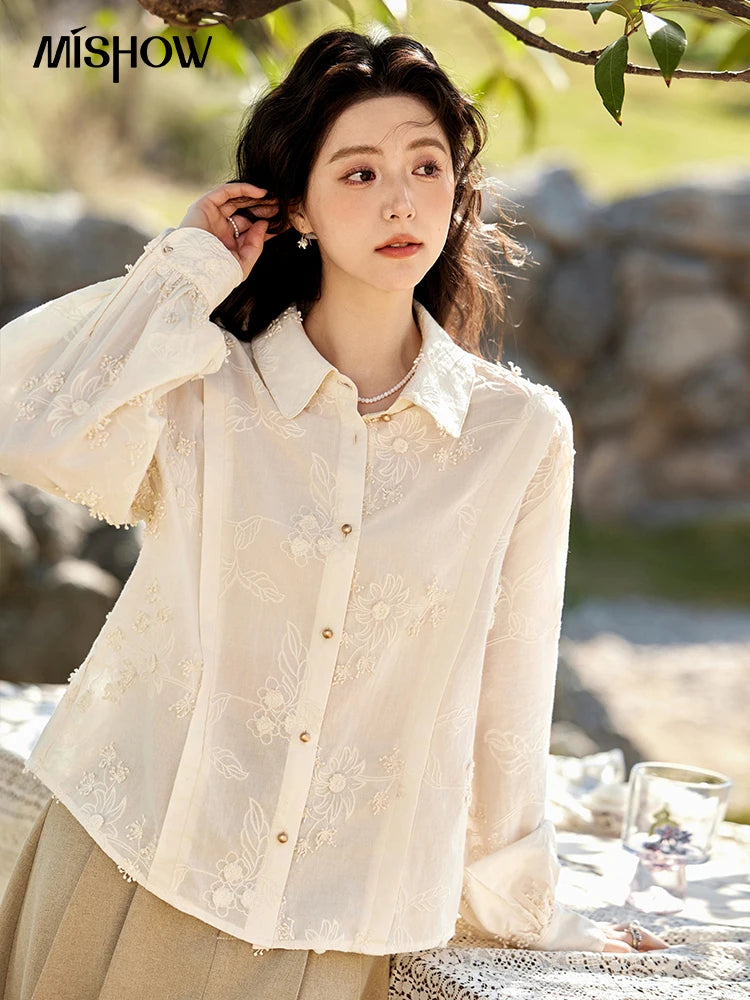 MISHOW 100Cotton Embroidered Jacquard Shirt for Women Spring 2025 Long Sleeved Loose Top Lapel Single Breasted Shirts MXE12C0391