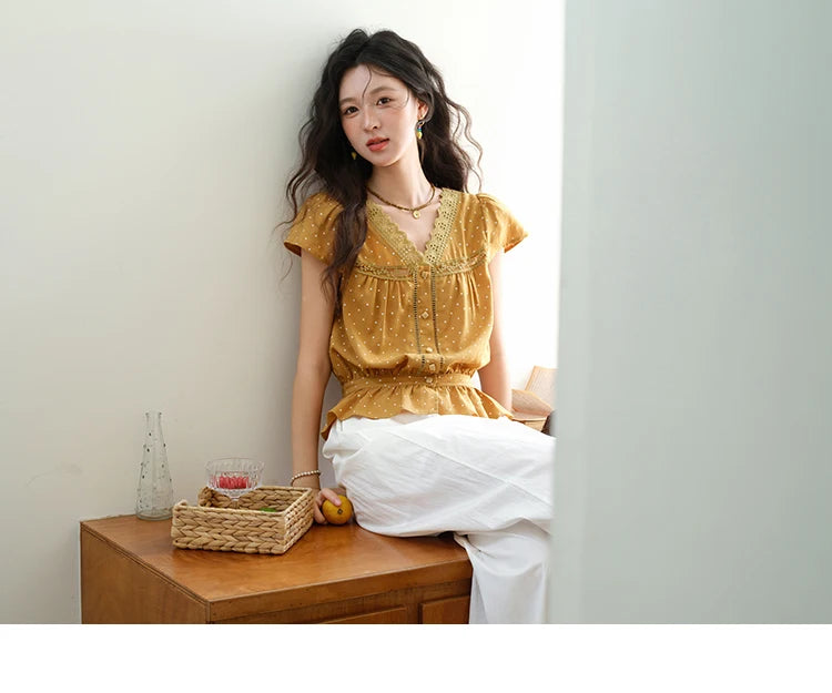 MISHOW Women's V-neck Lace Splicing Blouse 2025 Summer New Ladies Fashion Polka Dot Hollow Ruffle Button Female Top MXE38X1847