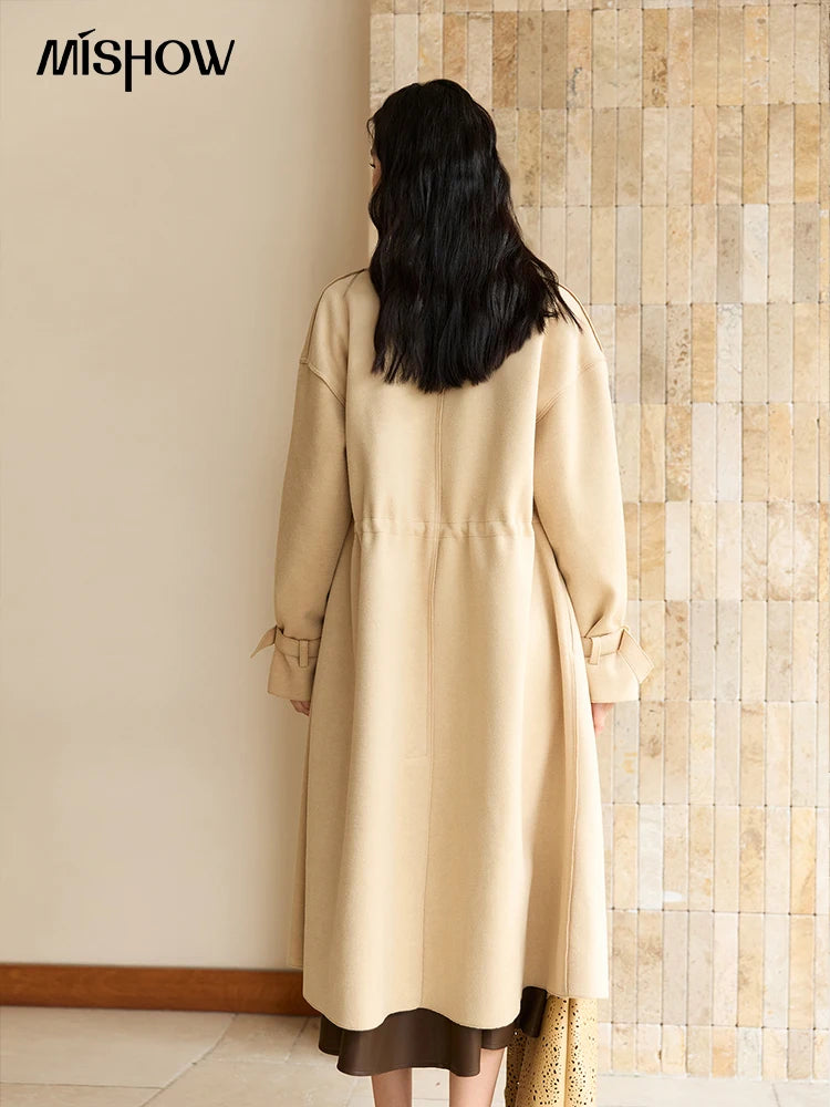 MISHOW Woolen Coat for Women 2025 Autumn Winter New Style Drawstring Waist Large Lapel Mid-length Commuter Loose Coat MXE45W0841