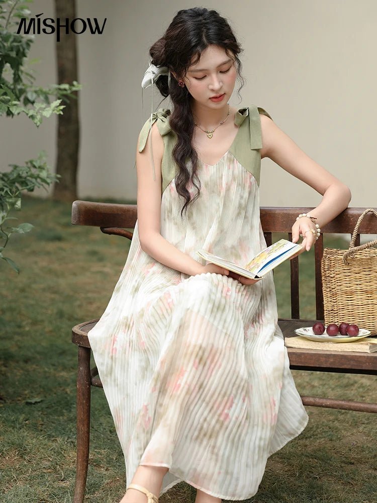 MISHOW French Lazy Suspender Floral Chiffon Dress 2024 Summer Fairy Seaside Vacation Dress V Neck A-LINE Dresses MXD28L1862