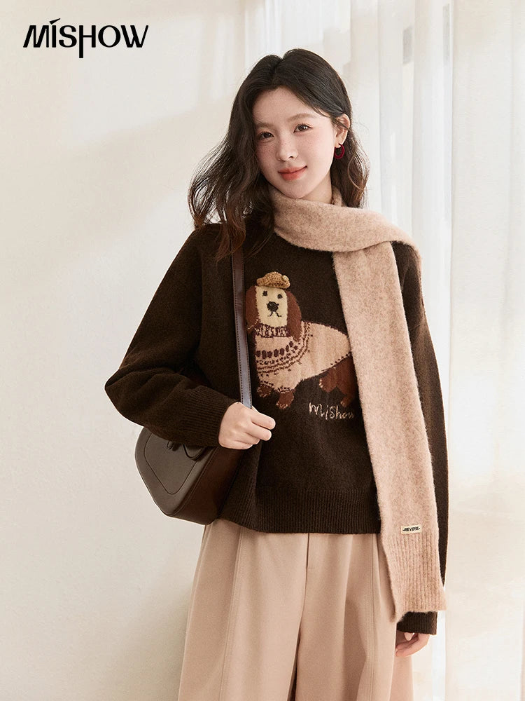 MISHOW Women's French Crew Neck Pullover Sweaters 2025 Winter Loose Dog Jacquard Knitted Top (Scarf Not Included) MXE94Z2890