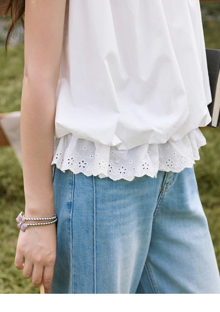 MISHOW Office Lady New Blouse Women Summer New Sleeveless Turn-down Collar Hollow Lace Shirts Female Slimming Fashion MXE31X1760