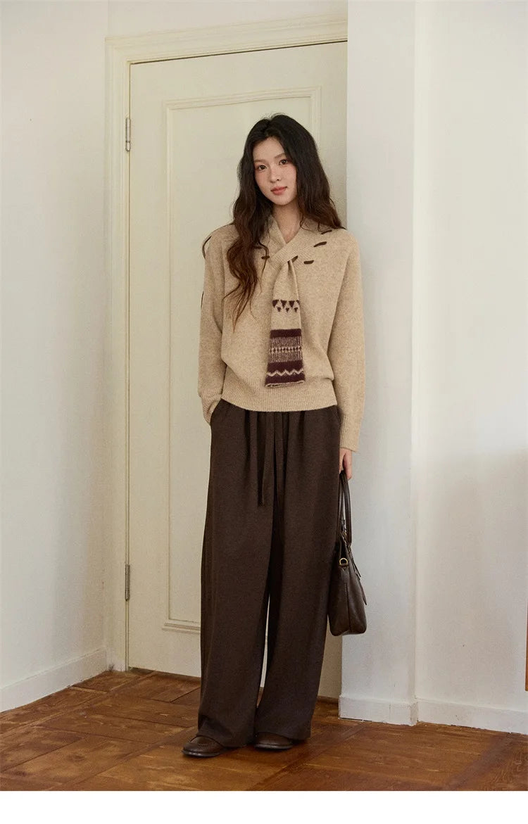 MISHOW Women V-neck Knit Top 2025 French-style Elegant Workwear Long-sleeved Yellow Pullover Women's Winter Clothing MXE87Z2771