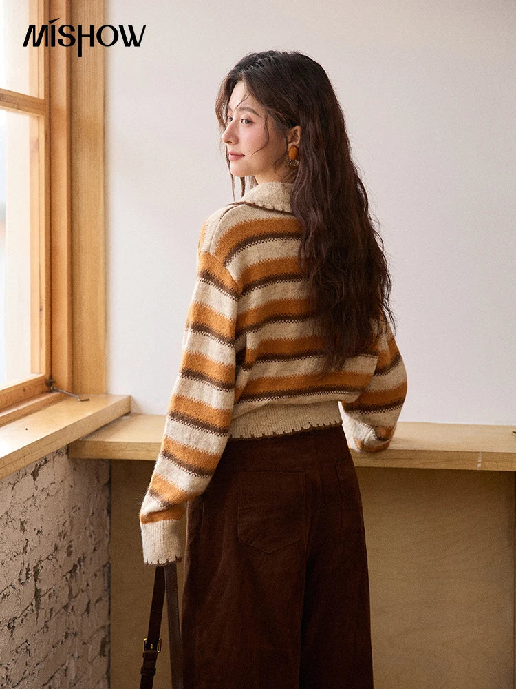 MISHOW Striped Cardigan for Women 2025 Winter Retro Unique Design V-neck Single-breasted Sweater Wool Long Sleeve Top MXE87Z2681