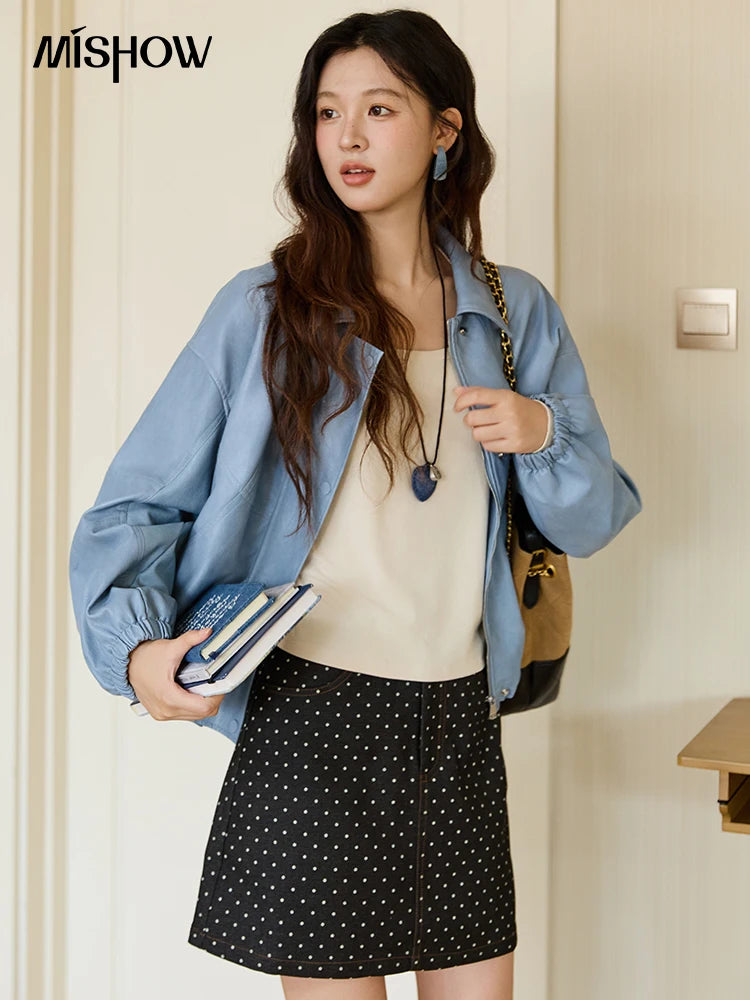 MISHOW Women's Blue Short Jacket 2025 Autumn Hip-hop Style Loose Zipper Coat Commute Pu Leather Lapel Fashion Jackets MXE45W0822