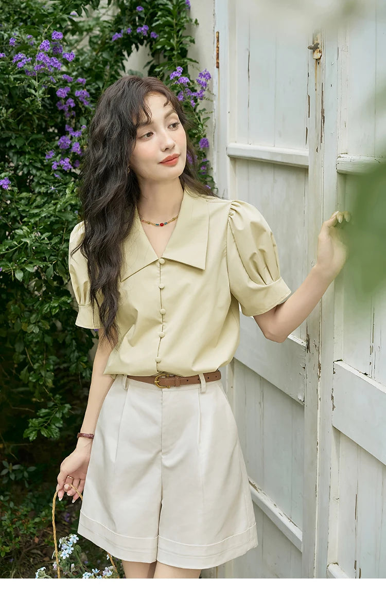 MISHOW Bubble Sleeve V-neck Commuting Shirts for Women 2025 Summer Retro Lapel Neck Short Sleeve Loose Solid Tops MXD28X1471