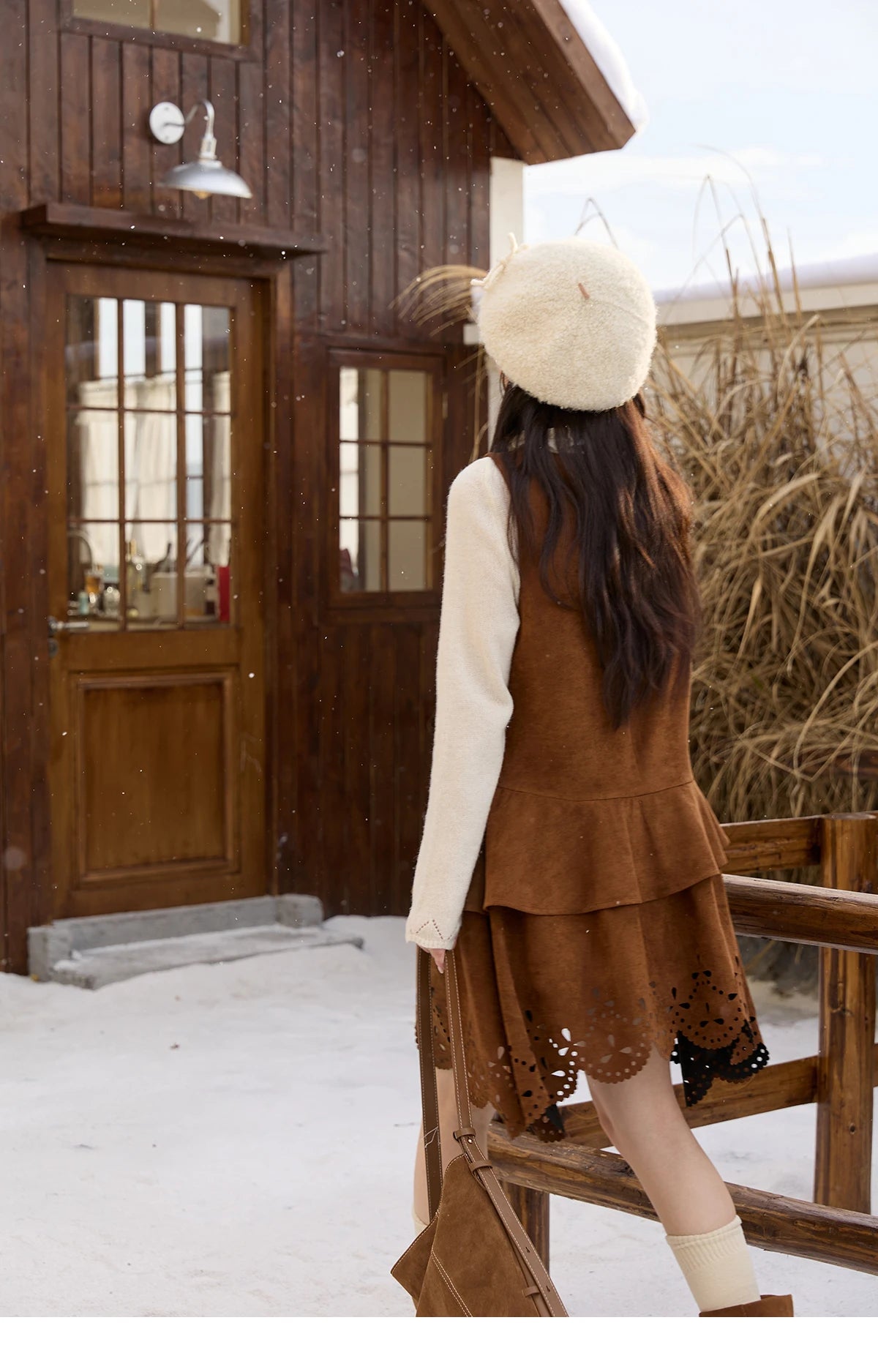 MISHOW Women's Elegant Brown Retro Suede Vest Dress 2025 Autumn Winter Hollow Out V-Neck Tank Dress Sleeveless Dress  MXE51L2524