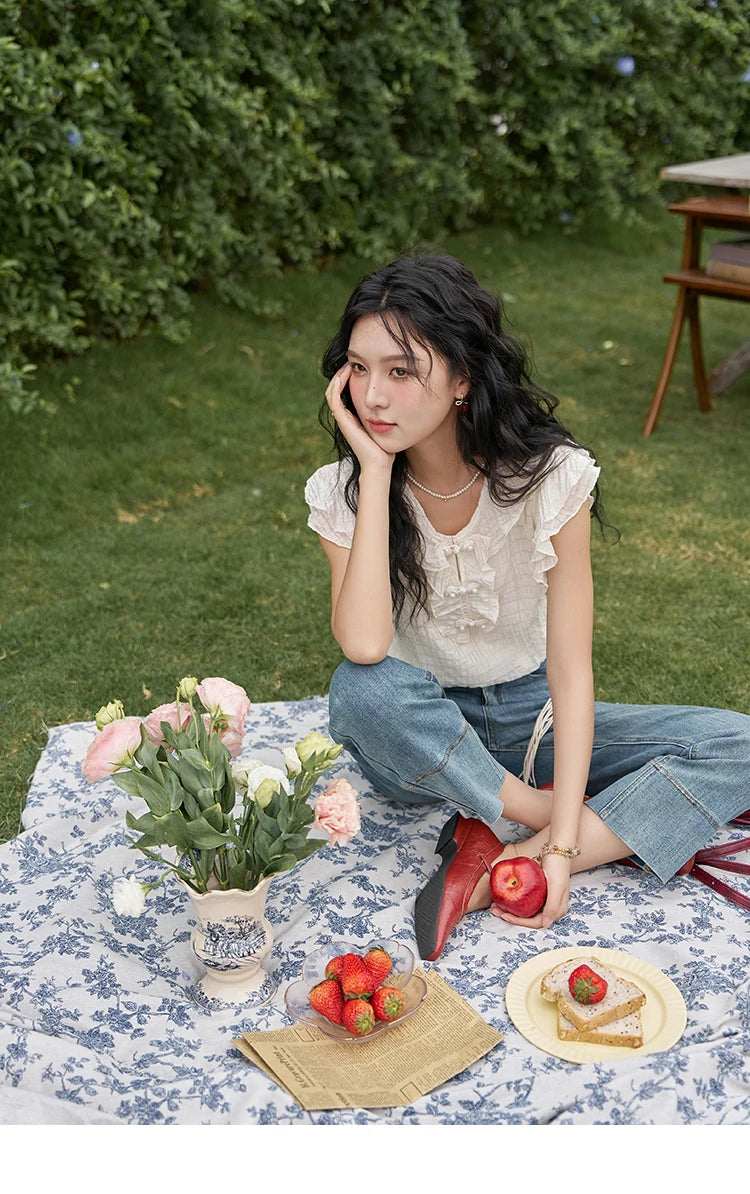 MISHOW Chinese Retro Button Up Blouse for Women 2024 Summer Flying Sleeve Chiffon Embroidery V-Neck Top with Camisole MXD21X1374