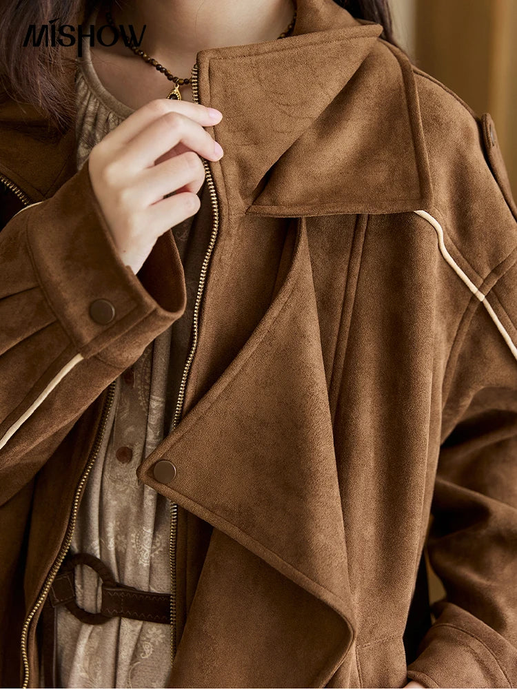 MISHOW Woman Retro Jacket 2025 New Split Turn Down Collar Brown Suede Short Loose Coat Commute Autumn Women Clothing MXE48W0850