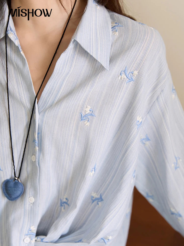 MISHOW  Long Sleeve Shirts for Woman 2025 Autumn Retro Blue Single-breasted Blouse Floral Embroidery Casual Tops MXE45X2495