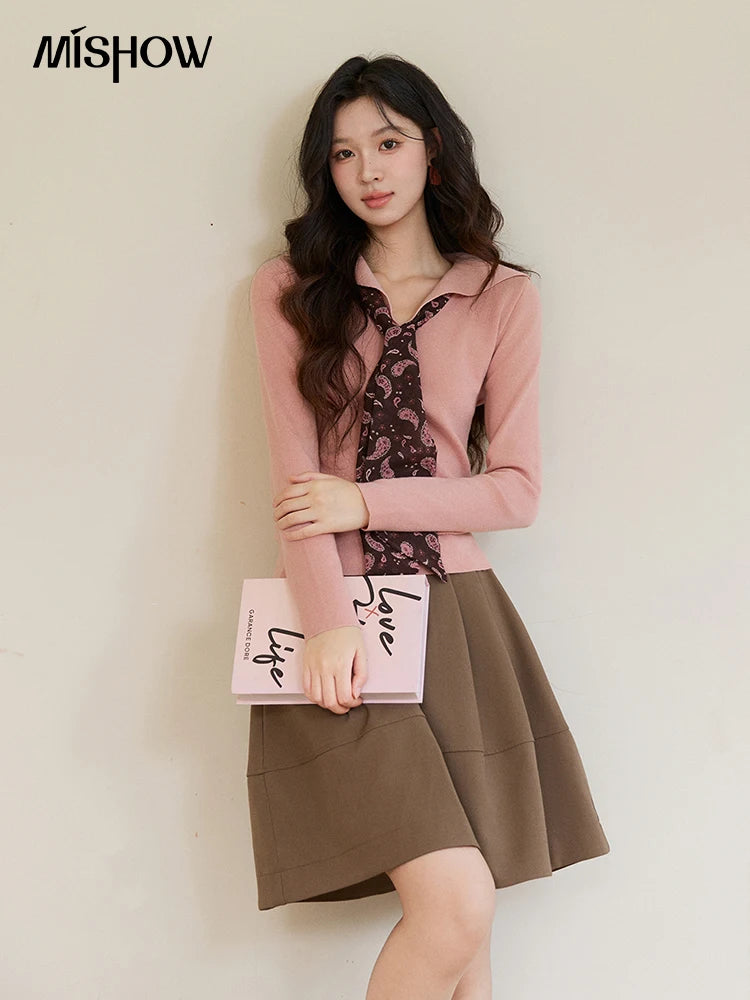 MISHOW Women's Pink V-neck Knitted Top 2026 Spring Polo Neck Detachable Paisley Scarf Thin Tops Casual Slim Sweater MXF108Z1032