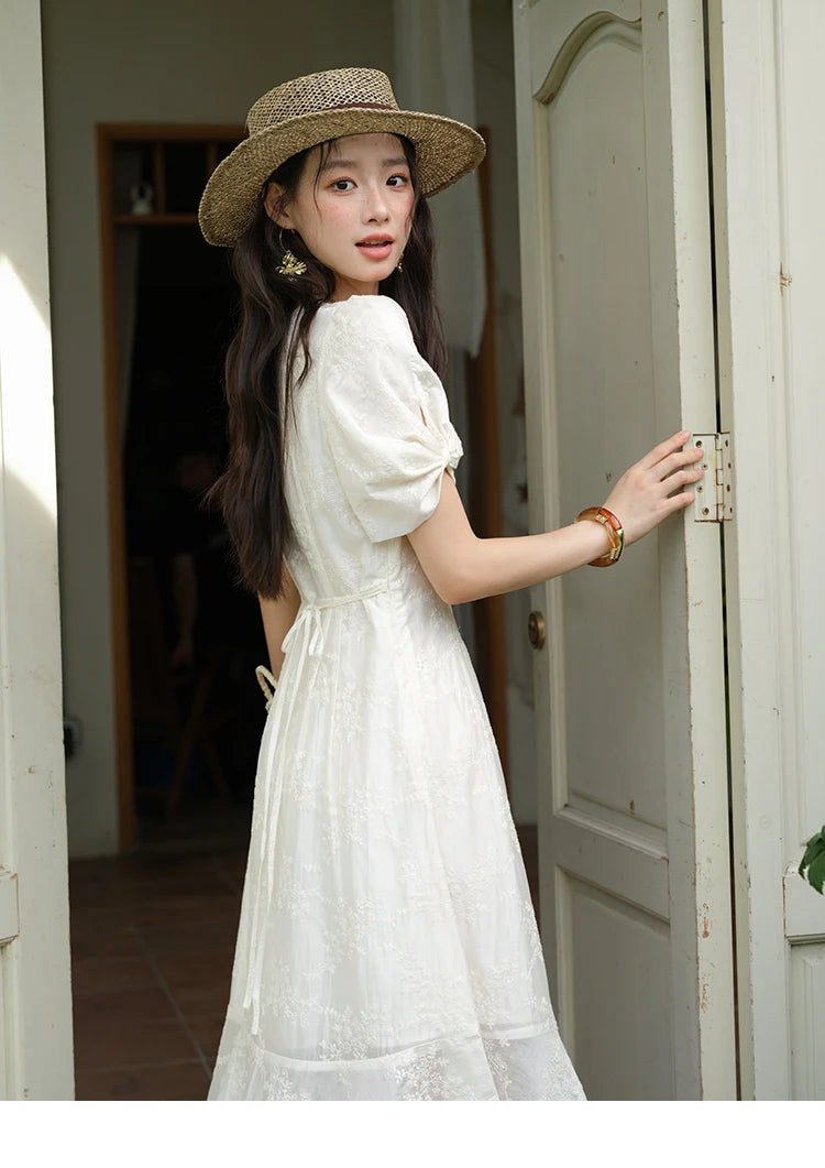 Mishow V-Neck Lace Embroidery Puff Sleeve Dress MXE39L2432