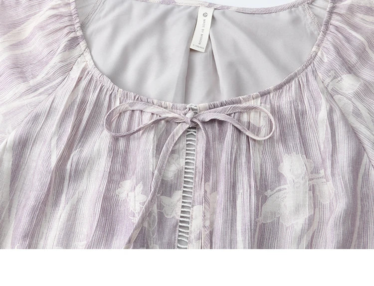 MISHOW Print Summer Chiffon Dress Women 2025 Short Sleeve U Neck Splicing Hollow Lace Midi Dresses Lady New Fashion MXE32L2164