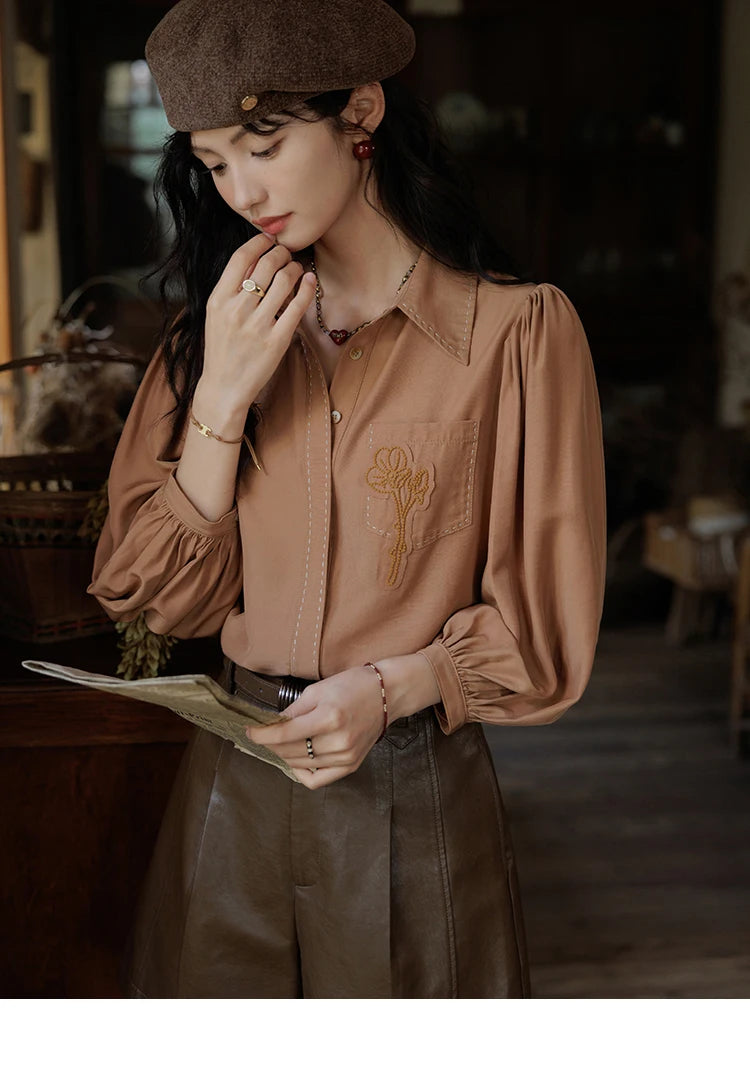 MISHOW Hong Kong Retro Solid Long Sleeve Shirt 2024 Autumn Temperament Loose Tops Lantern Sleeve Embroidery Shirts MXD41C0287