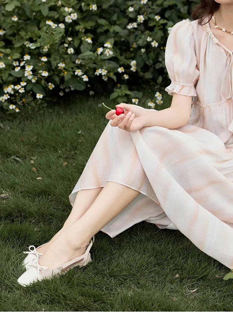 MISHOW French Summer Dress Women 2025 New V-neck Short Puff Sleeve Hollow Gradient Dresses Female Fashion Slimming MXE31L2166