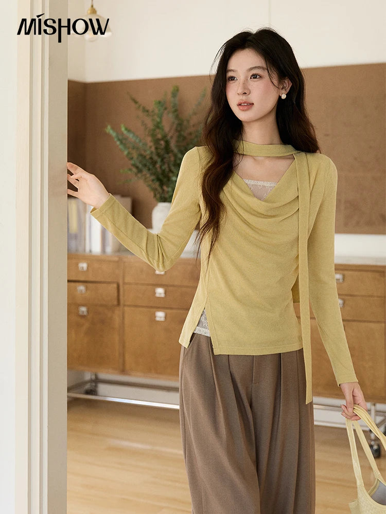 MISHOW Women's Yellow Splicing Lace Long Sleeve Knitted Top Spring Ribbon Draped Collar Casual Slim Thin Sweater MXF108Z1030