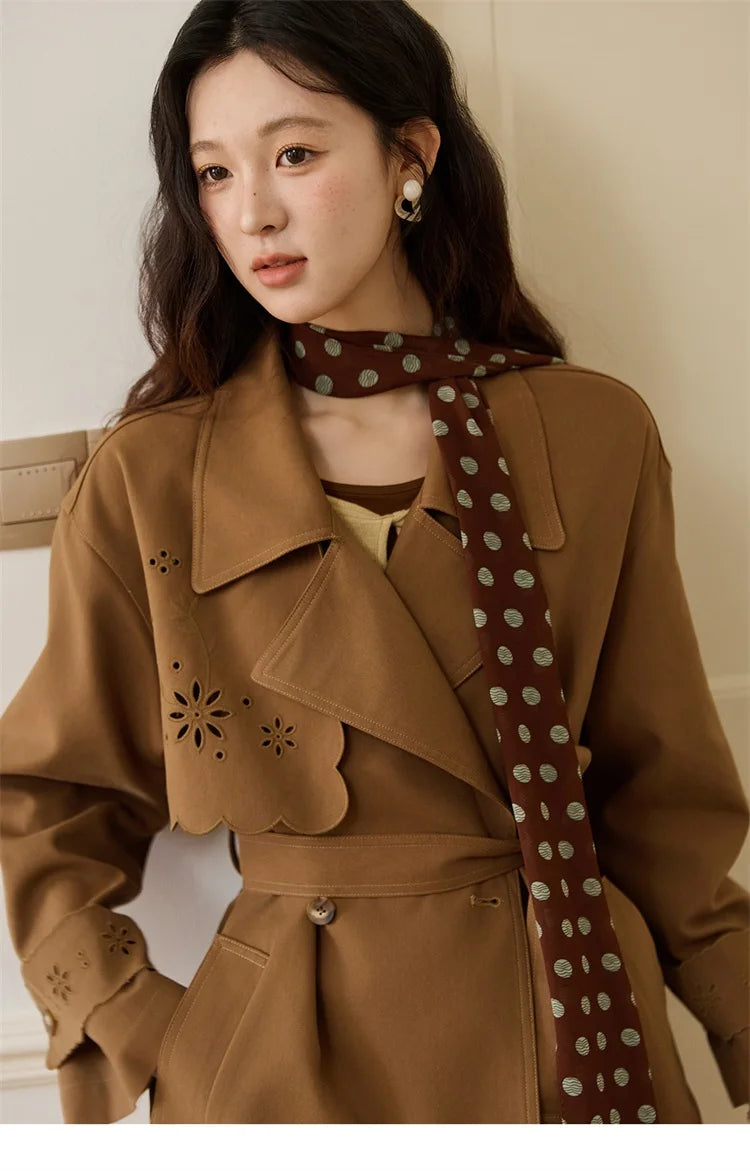MISHOW Hollow Flower Trench Coat for Women Autumn 2025 Double Breasted Retro Trench with Slant Pocket Belt Coats MXE46W0838