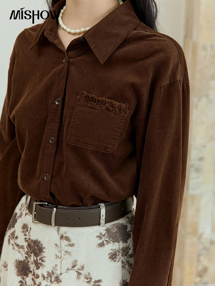 MISHOW Brown Corduroy Shirt Women 2025 Retro Long Sleeves Raw Edge Pocket Loose Casual Shirt Autumn Women's Tops MXE47C2419