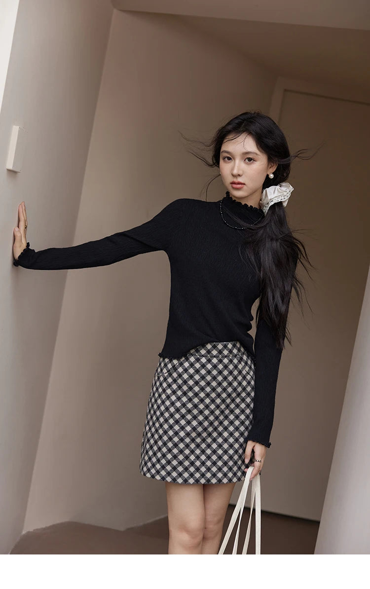 MISHOW Bottom Knitted Sweater Women Ruffled Edge High Collar Long Sleeve 2025 Winter Solid Slim Thin Internal Tops MXD48Z0850