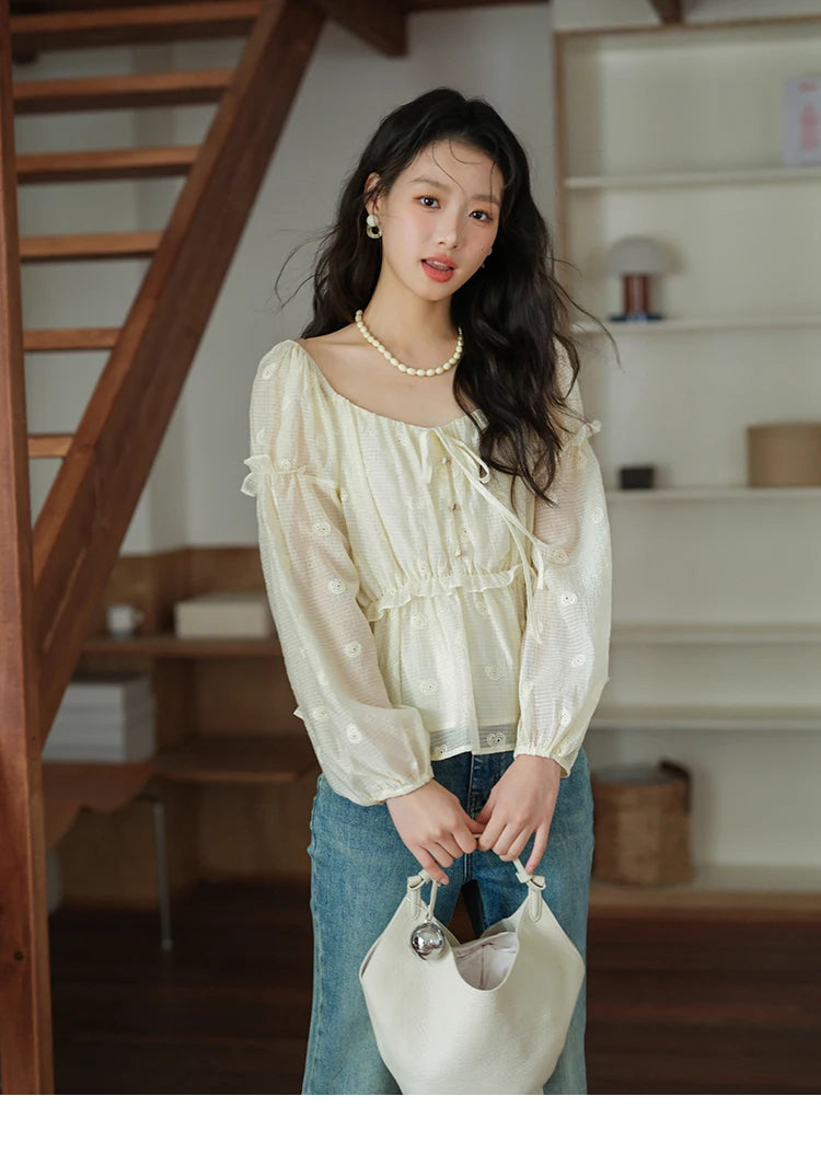 MISHOW Women's Fashion Cashew Flower Embroidered Blouse 2025 Autumn V-neck Lace Up Puff Sleeve Ladies Elegant Top MXE41X1945