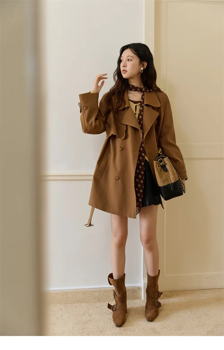 MISHOW Hollow Flower Trench Coat for Women Autumn 2025 Double Breasted Retro Trench with Slant Pocket Belt Coats MXE46W0838