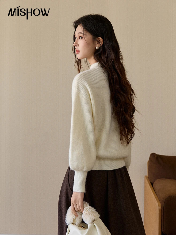 MISHOW Women's Cutout Neck Knitted Sweater 2025 Winter Ruffle Flower Decor Dropped Lantern Sleeves Pullover Tops MXE94Z2982