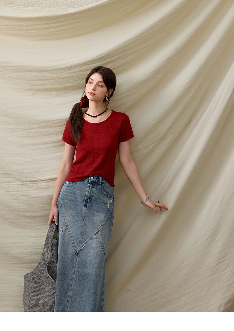 MISHOW Office Lady Women’s T-shirts Summer 2025 Short Sleeve Round Neck Solid Slimming Knitted Shirt Female Fashion MXE34Z1257