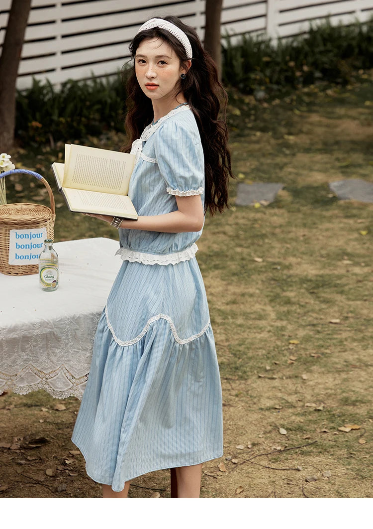 MISHOW Elegant Summer Skirts Sets Women 2025 Short Sleeve V-neck Tops Blue Stripe Lace A-line Skirt Woman Slimming MXE31T0531