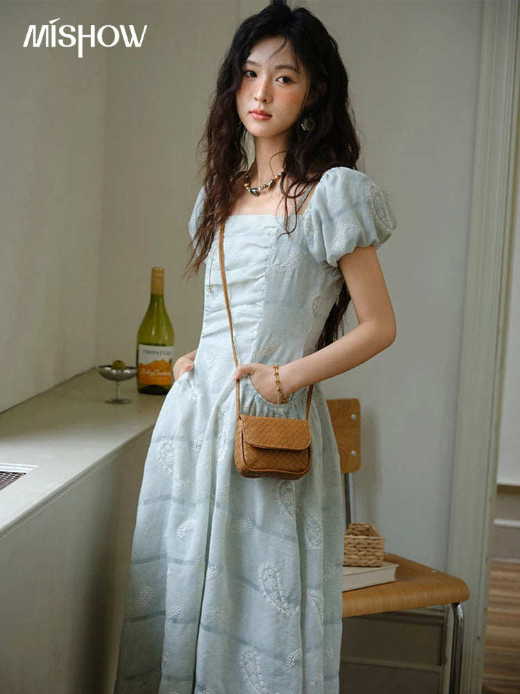 MISHOW Fashion Embroidery A-line Dress for Women 2025 Summer Puff Sleeve Square Neck Vacation Dresses Female Clothing MXE34L2265