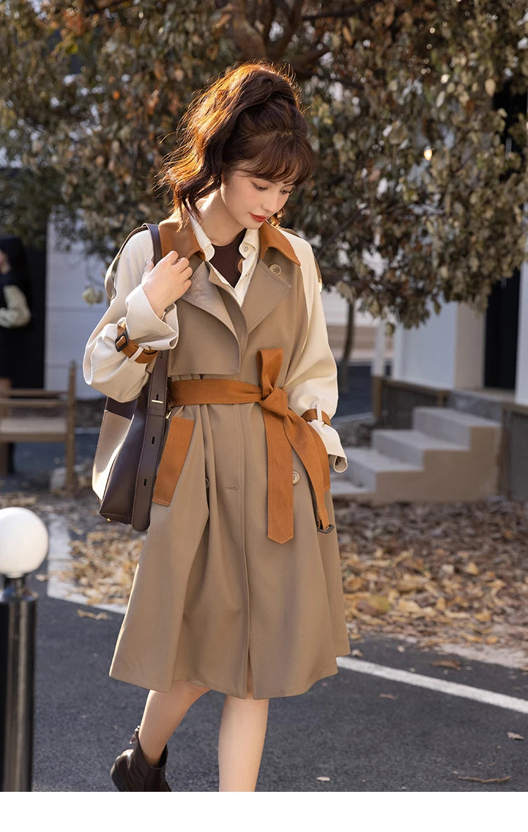 MISHOW Autumn Women's Khaki Trench Contrast Color Woman Clothes Spliced Turn-down Collar All-match Casual Jacket MXB31W0367