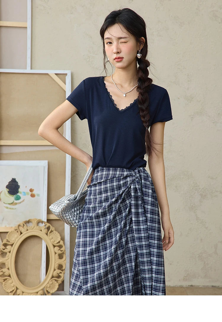 MISHOW Women's Short Sleeve T-shirt 2025 Summer Office Lady Fashion V-neck Spliced Lace Casual Tee Female Clothing  MXE36T0644