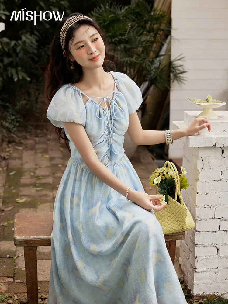 MISHOW V-Neck Lace-Up Puff Sleeve Midi Dress MXE34L2227