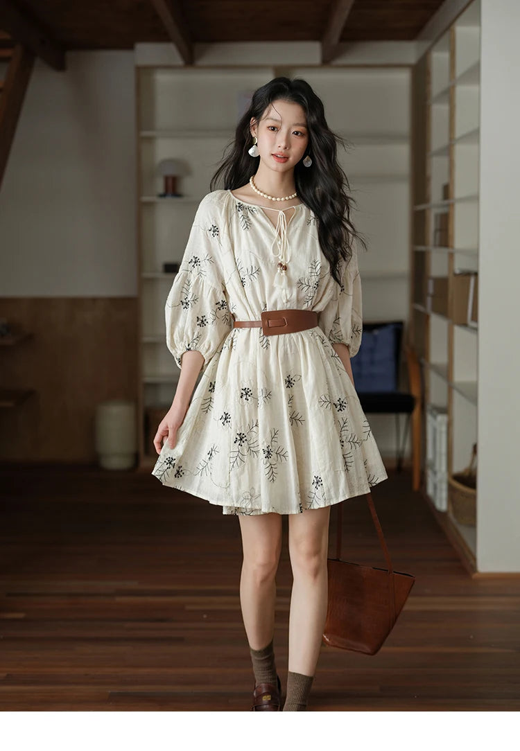 MISHOW Embroidered Doll Dress 2025 Seven Cent Lantern Sleeve Dress O-neck Tassel Lace-up Cotton Dress with Waist Belt MXE41L2480