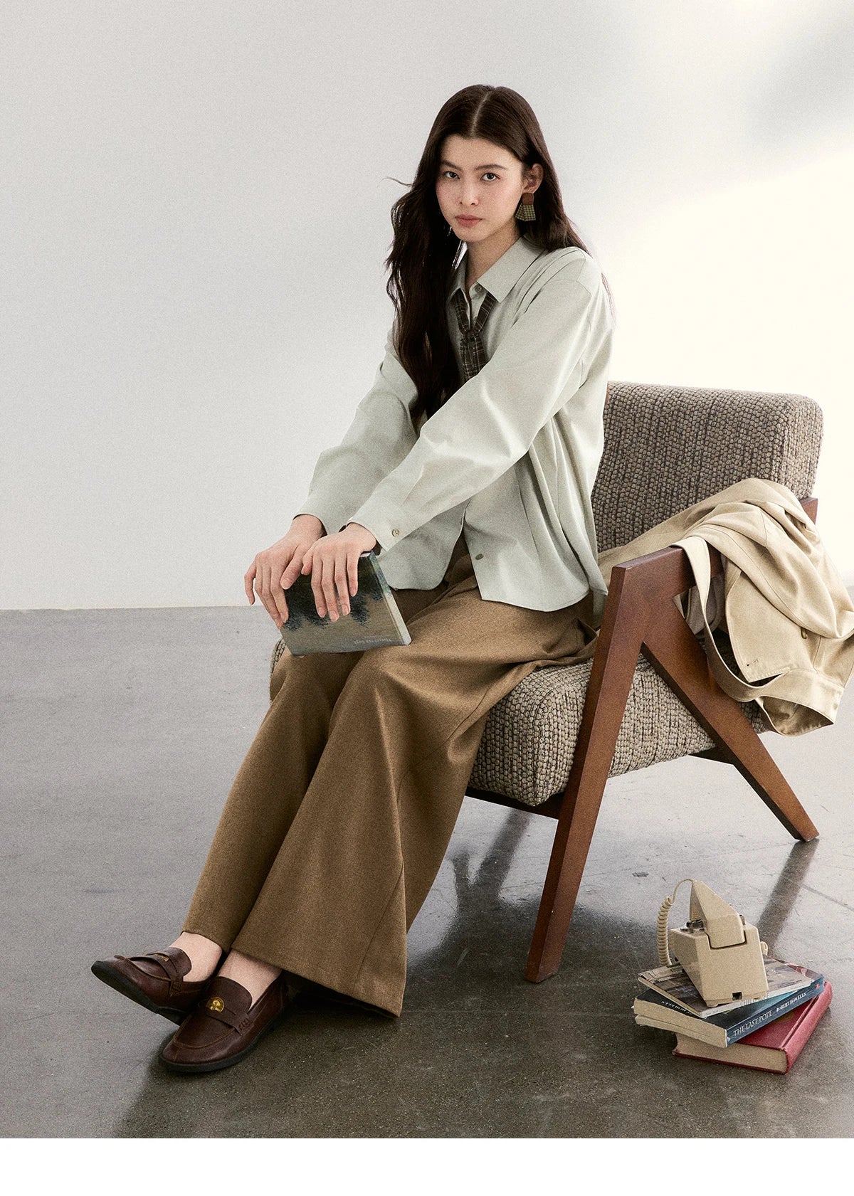 MISHOW Women's Casual Loose Shirt with Plaid Scarf 2026 Spring Lapel Tops Versatile Long Sleeve Shirts Office Lady MXF108C0815